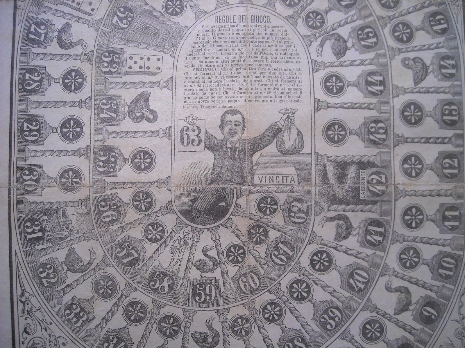 Gioco Delloca, Gioco Di Percorso, Dadi, Osteria, Pozzo, Labirinto, Antica Rara Stampa immagine 6